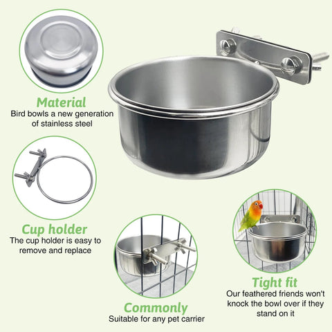 Stainless steel bird bowls with cage clamp, 4-piece set installed in a bird cage