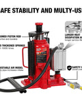 Big Red 20-ton hydraulic bottle jack with aluminum alloy body and pneumatic pump hose, front view