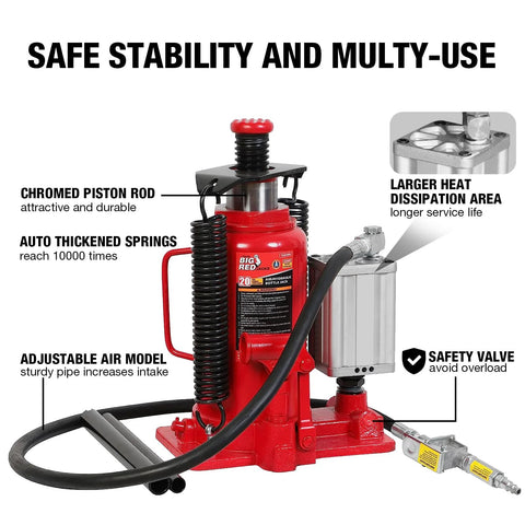 Big Red 20-ton hydraulic bottle jack with aluminum alloy body and pneumatic pump hose, front view