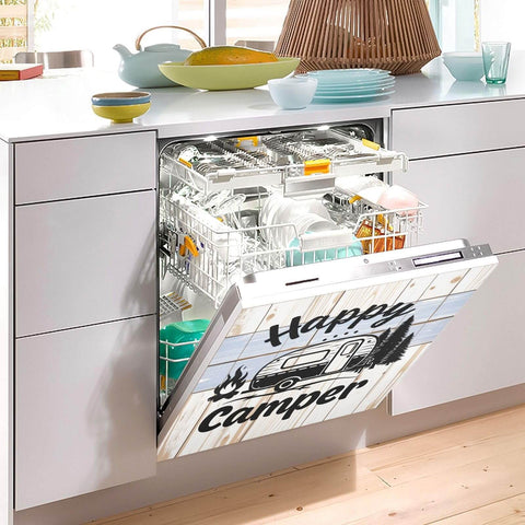 Dishwasher with Happy Camper On Wood Magnetic Cover For Refrigerator Front Door And Dishwasher Totally Ultra Strong PVC Coated Magnetic Panel