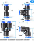 Diagram of 1/4 inch OD push-to-connect pneumatic fittings, showing dimensions for straight, tee, splitter, and elbow connectors.
