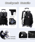 Back view of boys rolling backpack with wheels for school, highlighting six durable wheels, thickened straps, and front buckle.