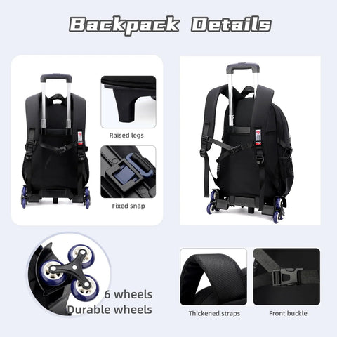 Back view of boys rolling backpack with wheels for school, highlighting six durable wheels, thickened straps, and front buckle.