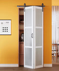 Experience effortless privacy and style with a paintable 36 by 84 inch bifold barn door featuring fingerprint resistant solid core MDF panels and 3 lite frosted glass for privacy, no assembly required for pantry and laundry areas.