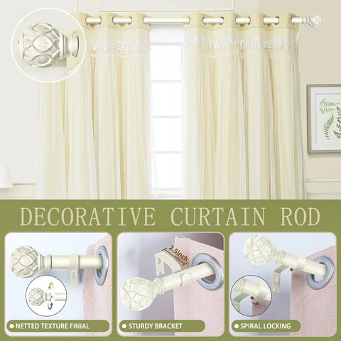 Farmhouse Curtain Rods For Windows 36 To 88 Inches Heavy Duty Adjustable Drape Rod With Vintage Coastal Texture Finials Antique White Finish For Bedroom And Living Room displayed with installation features.