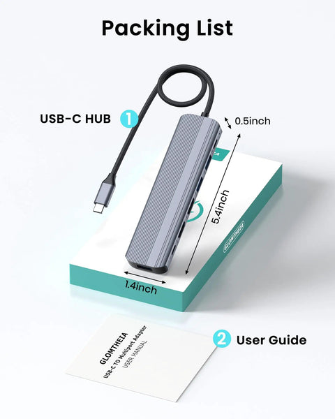 Beast 7-in-1 USB C Hub Dock for Laptops on packaging with user guide, dimensions labeled as 5.4x1.4x0.5 inches.