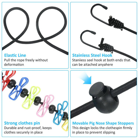 Must Have Camping Clothesline With Magnetic Hooks And 12 Colorful Clips For Camper RV Living On The Go Portable Non Slip Laundry Line features elastic line, hooks, colorful clips, and stoppers.