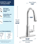 Moen Jaslynn Pulldown Kitchen Faucet, Chrome, 87618 with dimensions and installation accessories shown.