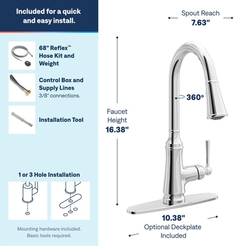 Moen Jaslynn Pulldown Kitchen Faucet, Chrome, 87618 with dimensions and installation accessories shown.