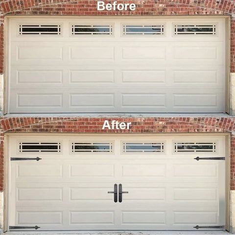 Top Shelf Heavy Duty Steel Garage Door Handles And Hinges 6 Piece Decorative Hardware Kit operates smoothly on upgraded garage door.