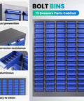 75 Drawer Parts Cabinet with Alloy Steel Frame for heavy-duty bolt and nut tool organization, blue drawers, grey frame.