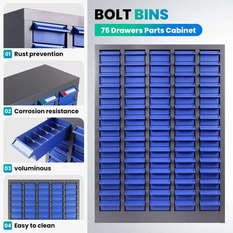 75 Drawer Parts Cabinet with Alloy Steel Frame for heavy-duty bolt and nut tool organization, blue drawers, grey frame.