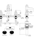 Technical drawing of Matte Black 3 Hole Widespread Bathroom Faucet With Two Handles 8 Inch Centers Waterfall Spout Farmhouse Style Includes Pop Up Drain Assembly Supply Lines Hose Lead Free Drip Free Ceramic Cartridge Solid Brass detailing dimensions and installation.