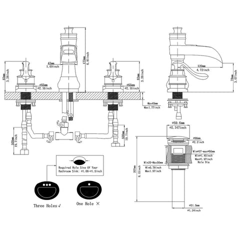 Technical drawing of Matte Black 3 Hole Widespread Bathroom Faucet With Two Handles 8 Inch Centers Waterfall Spout Farmhouse Style Includes Pop Up Drain Assembly Supply Lines Hose Lead Free Drip Free Ceramic Cartridge Solid Brass detailing dimensions and installation.