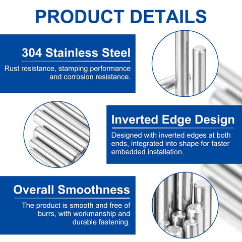 Dowel Pins Set Of 25, 3mm Diameter By 32mm Length, 304 Stainless Steel, highlighting features such as rust resistance and inverted edge design.
