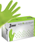 Front view of neon green 6 mil disposable nitrile glove with raised diamond texture; box labeled 1st Choice.
