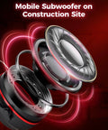 Exploded view of a mobile subwoofer component layout showing speaker parts and sound waves on a construction site background.