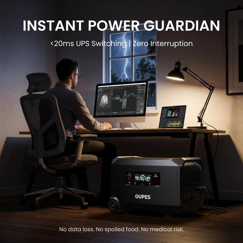Guardian 6000 V2 Portable Power Station used in a home office during a storm, providing stable power to computer equipment.