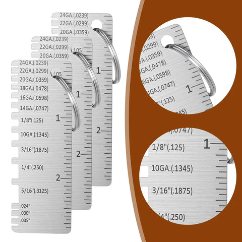 Three Piece Stainless Steel Wire Gauge Measuring Tool Set For Wire And Metal Sheet Thickness Easy To Read Portable Welding Gauge Plated Size Inspection Tool Durable Pro Grade Welding Tools Accessories showing detailed measurements and compact design.