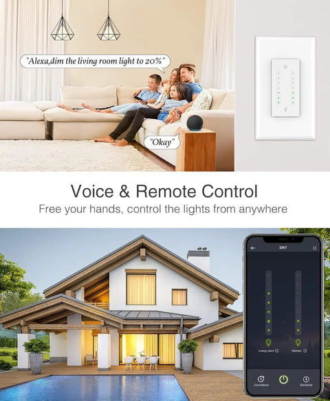 Smart home setup with Two Gang Dimmer Switch With Dual Control, 2.4GHz WiFi, Alexa and Google Home compatibility, voice and remote control.