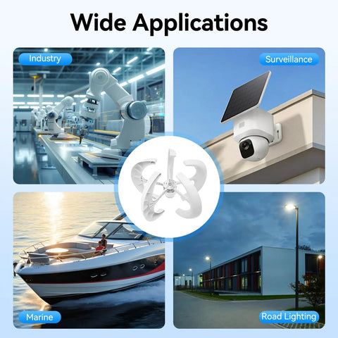 Lantern Wind Turbine Generator 600W Vertical Wind Power System installed in various settings: industry, surveillance, marine, road lighting.