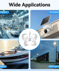 Collage showing industrial robot, solar security camera, boat, and road lighting applications for 600W 24V Automatic Five Blade Home Wind Turbine Generator System