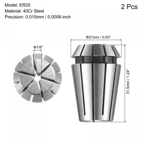ER20 Spring Collet Set For CNC Milling Lathe And Engraving Machines, 1/8 inch clamping, 40Cr steel, precision grade, 2 pack