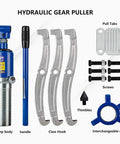 Badass Hydraulic Gear Puller Kit Features Adjustable Two Or Three Jaw Heads To Rip Stuck Hubs Gears Bearings And Axle Mounts Like A Champ Using Heavy Duty Carbon Steel For Daily Grind with pump body, handle, claw hooks, and accessories.