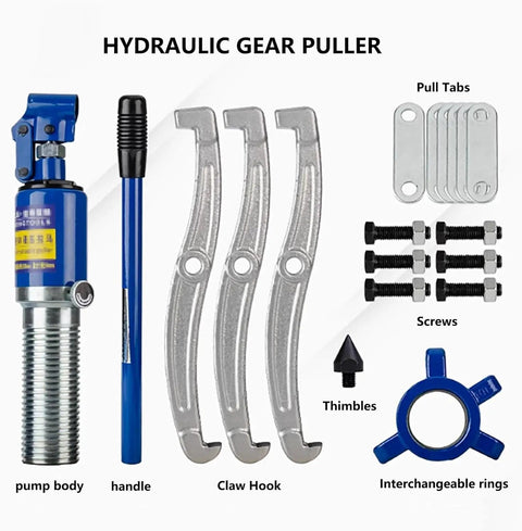 Badass Hydraulic Gear Puller Kit Features Adjustable Two Or Three Jaw Heads To Rip Stuck Hubs Gears Bearings And Axle Mounts Like A Champ Using Heavy Duty Carbon Steel For Daily Grind with pump body, handle, claw hooks, and accessories.