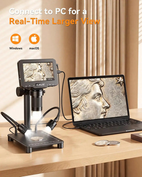 Coin Microscope With Built In 0.1g Weighing Scale Up To 300g 12MP Camera 4.3 Inch LCD Display 1080P Video Digital Magnifier For Error Coins Jewelry Inspection With LED Lights USB PC View For Collectors connected to laptop with coin on scale