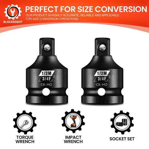 2 Piece Impact Socket Adapter Set Three Quarter Inch Female To One Half Inch Male For Impact Driver Wrench SAE Drive Cr-Mo Steel Exceeds ANSI Standards with Laser Markings