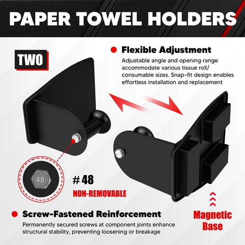 Magnetic Toolbox Tray Organizer Set 4 Piece With Shelves And Holders For Cabinet Side Shelf Storage Van Workshop Includes 6 Inch And 12 Inch Trays Paper Towel Holders Spray Can Holders Rust Resistant Stainless Steel shown are two paper towel holders with flexible adjustment and magnetic base.