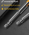 Close-up of 6-inch masonry drill bits with carbide tips and hex shanks; two bits shown