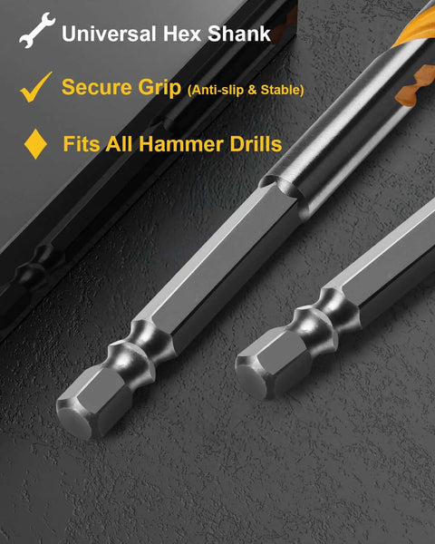 Close-up of 6-inch masonry drill bits with carbide tips and hex shanks; two bits shown