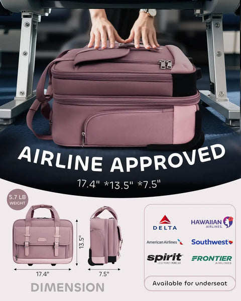 Pink rolling laptop bag for women with dual lock and wheels, fits underseat, 16 inch, approved for airline carryon.