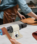 Heavy Duty 350W Electric Leather Edge Polisher Built Tough For Real Pros With Adjustable Speed And Six Multi Grit Sanding Belts To Get Silky Smooth Edges On Wallets Bags And Wood Projects Fast on a workbench.