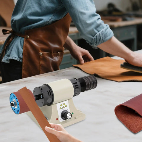 Heavy Duty 350W Electric Leather Edge Polisher Built Tough For Real Pros With Adjustable Speed And Six Multi Grit Sanding Belts To Get Silky Smooth Edges On Wallets Bags And Wood Projects Fast on a workbench.