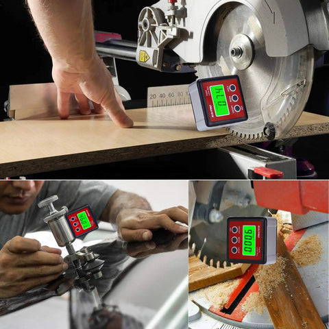 Digital Level Box Protractor Inclinometer with Magnetic Base and Bright LCD Backlight used in carpentry and auto work.