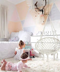 Kids Hammock Swing Chair For Indoor And Outdoor Fun, Handmade Macrame Knitted Hanging Seat For Toddlers Aged 2 To 5 in bedroom