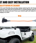 Plug And Play Electric Golf Cart Charger Receptacle Head 3 Pin Replacement For Advanced Ev And Evolution Carts 30 Amp 110 220 Volt Setup shown on golf cart with 18 inch orange cable.