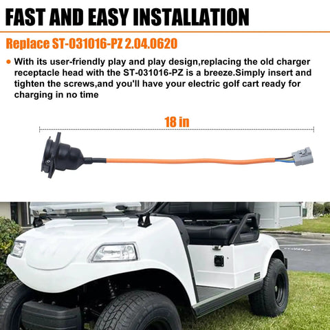 Plug And Play Electric Golf Cart Charger Receptacle Head 3 Pin Replacement For Advanced Ev And Evolution Carts 30 Amp 110 220 Volt Setup shown on golf cart with 18 inch orange cable.