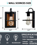 Set Of Two Farmhouse Wall Sconces With Modern Industrial Vibe, Matte Black Finish And Faux Wood Backing, size specifications