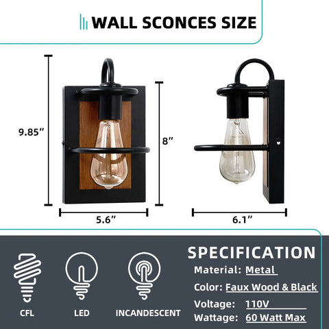 Set Of Two Farmhouse Wall Sconces With Modern Industrial Vibe, Matte Black Finish And Faux Wood Backing, size specifications