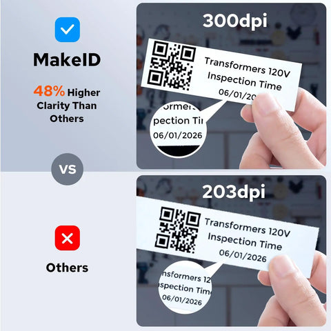 Comparison of label prints at 300dpi and 203dpi highlighting clarity differences for Job Site Tough Portable Industrial Label Printer With 1 Inch Print Head And Bluetooth Prints On Wire Cable And Heat Shrink Tubing Garage Ready Rock Solid Thermal Transfer Tool For Heavy Duty Outdoor Work.