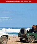 Heavy Duty Polyester Bridle Lifting Slings With Durable Hooks, 3.3 Feet Two Leg Rigging Strap in use between vehicles on the beach.