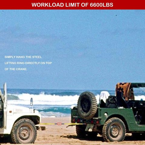 Heavy Duty Polyester Bridle Lifting Slings With Durable Hooks, 3.3 Feet Two Leg Rigging Strap in use between vehicles on the beach.