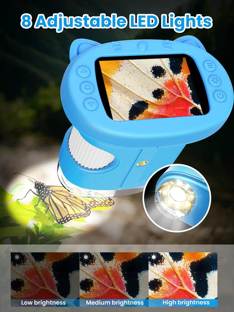 Kids Handheld Digital Microscope 1000X Magnification With 2.4 Inch HD Screen 2MP Images Durable ABS Silicone Build Cool Kid Friendly Educational STEM Toy For Ages 3 And Up Blue Easy Pocket Microscope Gift For Curious Young Scientists, blue handheld view