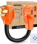 Heavy Duty EV Charge Adapter 30 To 50 Amp 10 Gauge NEMA 14 30P To 14 50R Converter with orange connectors and black cable.