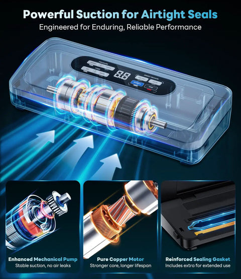 Advanced Vacuum Sealer With AirLock ProSeal System showing mechanical pump and copper motor for airtight seals.