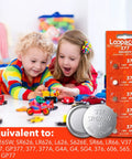 Professional Silver Oxide Watch Batteries 377 376 SR626W SR626SW 1.55V Coin Cell Pack Of Five beside children playing with toy cars.